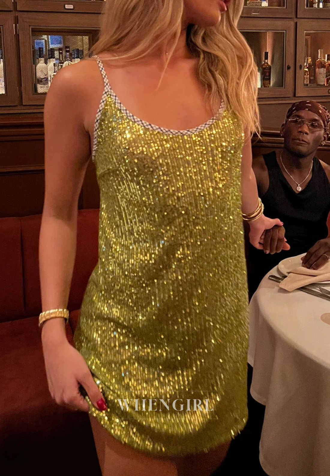 Sequin Scoop Neck Mini Dress with Contrast Trim