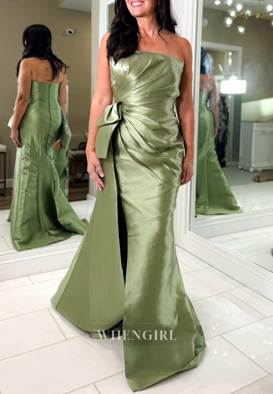 Strapless Pleated Satin Gown with Side Bow & Slit