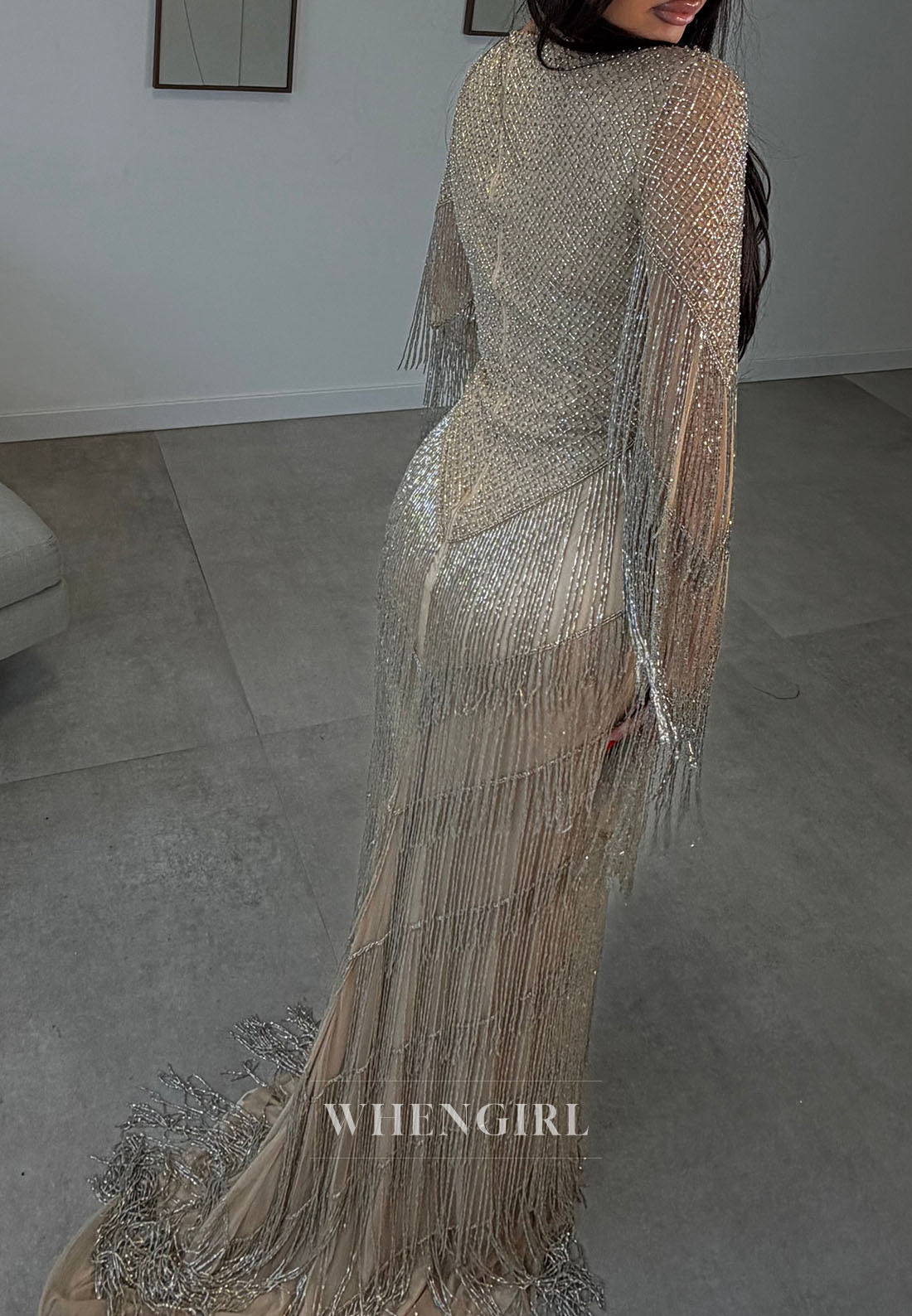 High Neck Beaded Fringe Maxi Dress with High Slit