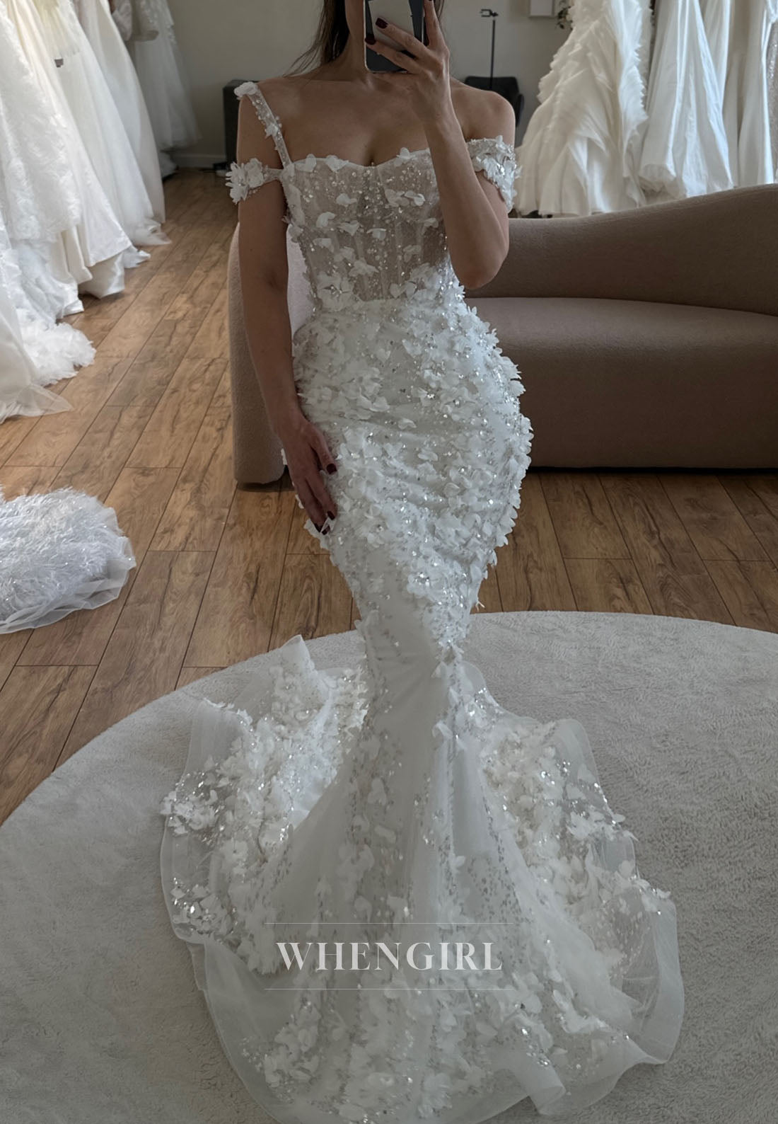 Floral Applique Mermaid Bridal Gown with Overskirt