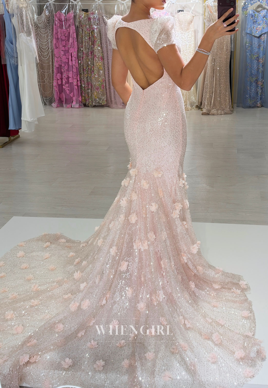 Sequin Mermaid Gown with 3D Flowers