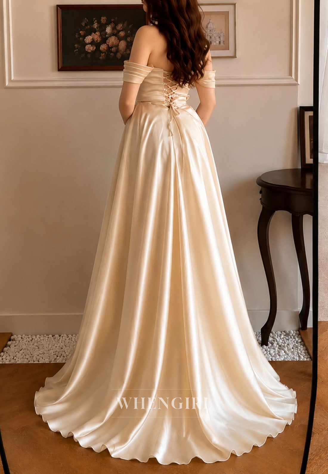 Off Shoulder Satin A-Line Formal Gown with Beaded Bodice
