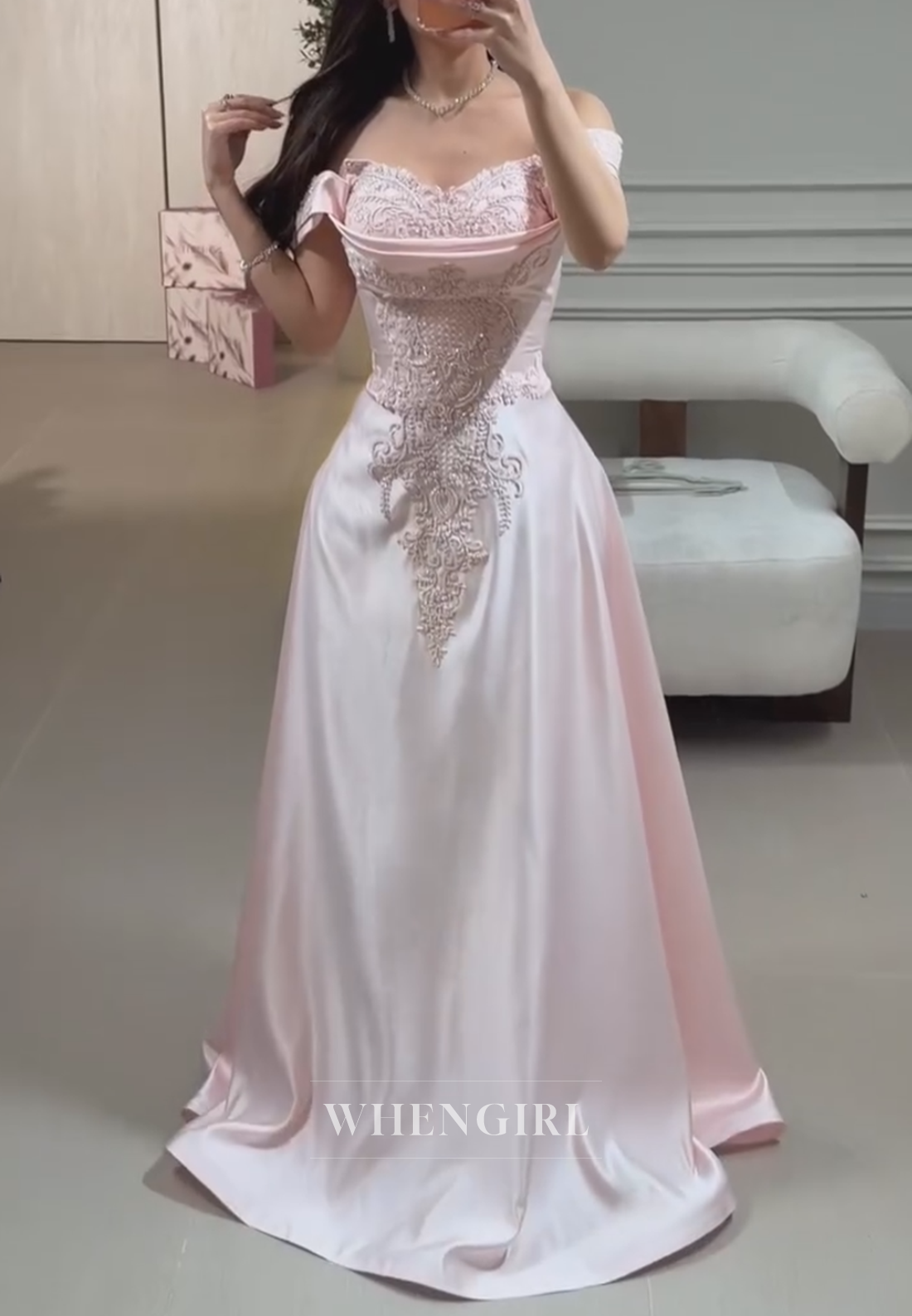 Embroidered Off-The-Shoulder Satin A-Line Gown