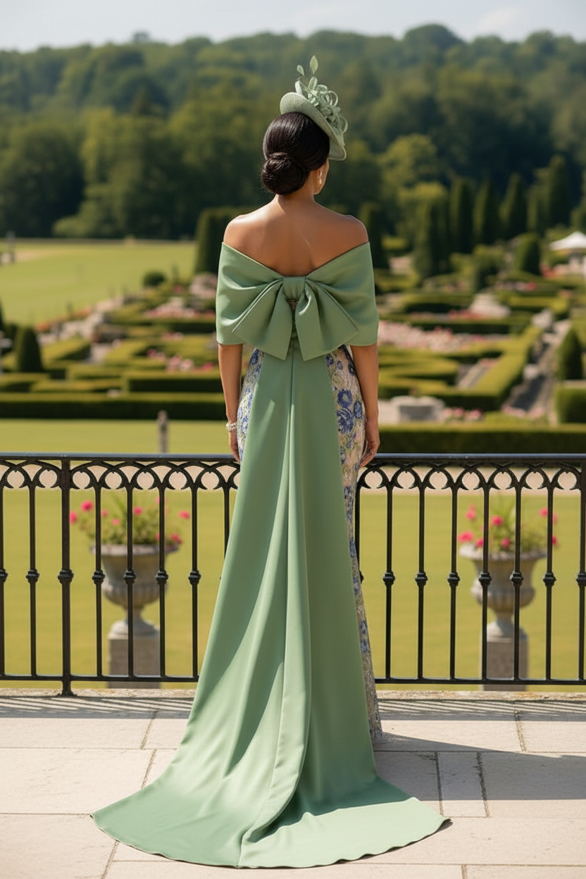 Floral Embroidered Column Gown with Draped Collar