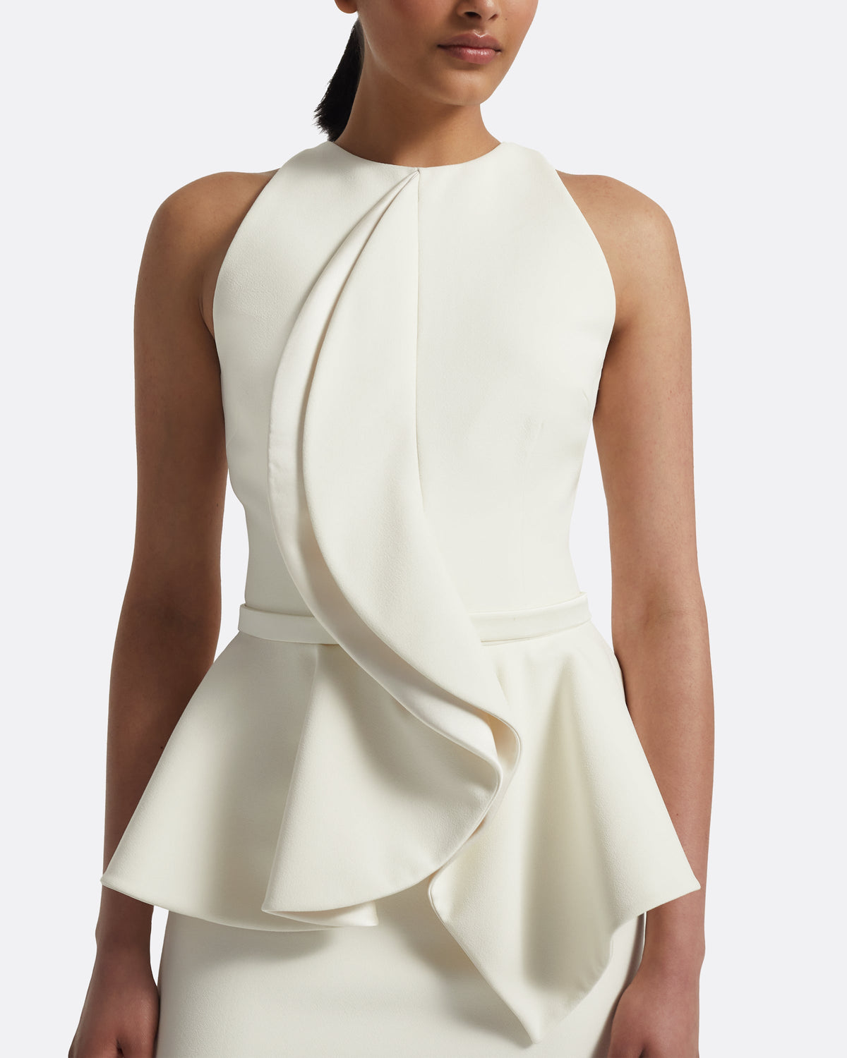 Sleeveless Peplum Column Dress with Bodice Ruffle