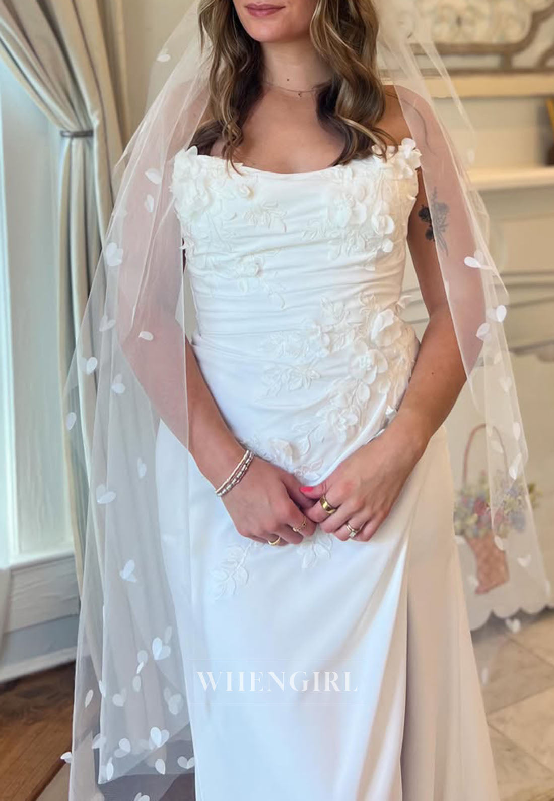 Strapless 3D Floral Ruched Wedding Dress with Slit