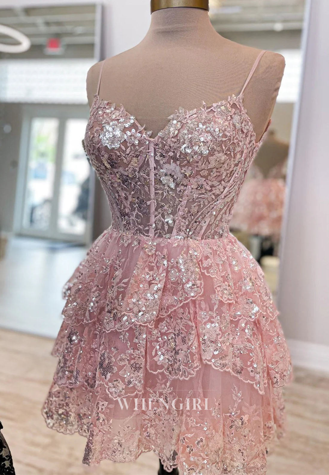 Spaghetti Strap Tiered Lace Corset Mini Dress