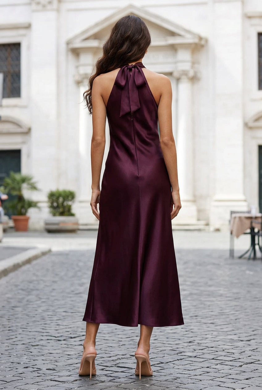 Halter High-Neck Satin Maxi Dress with Tie Back