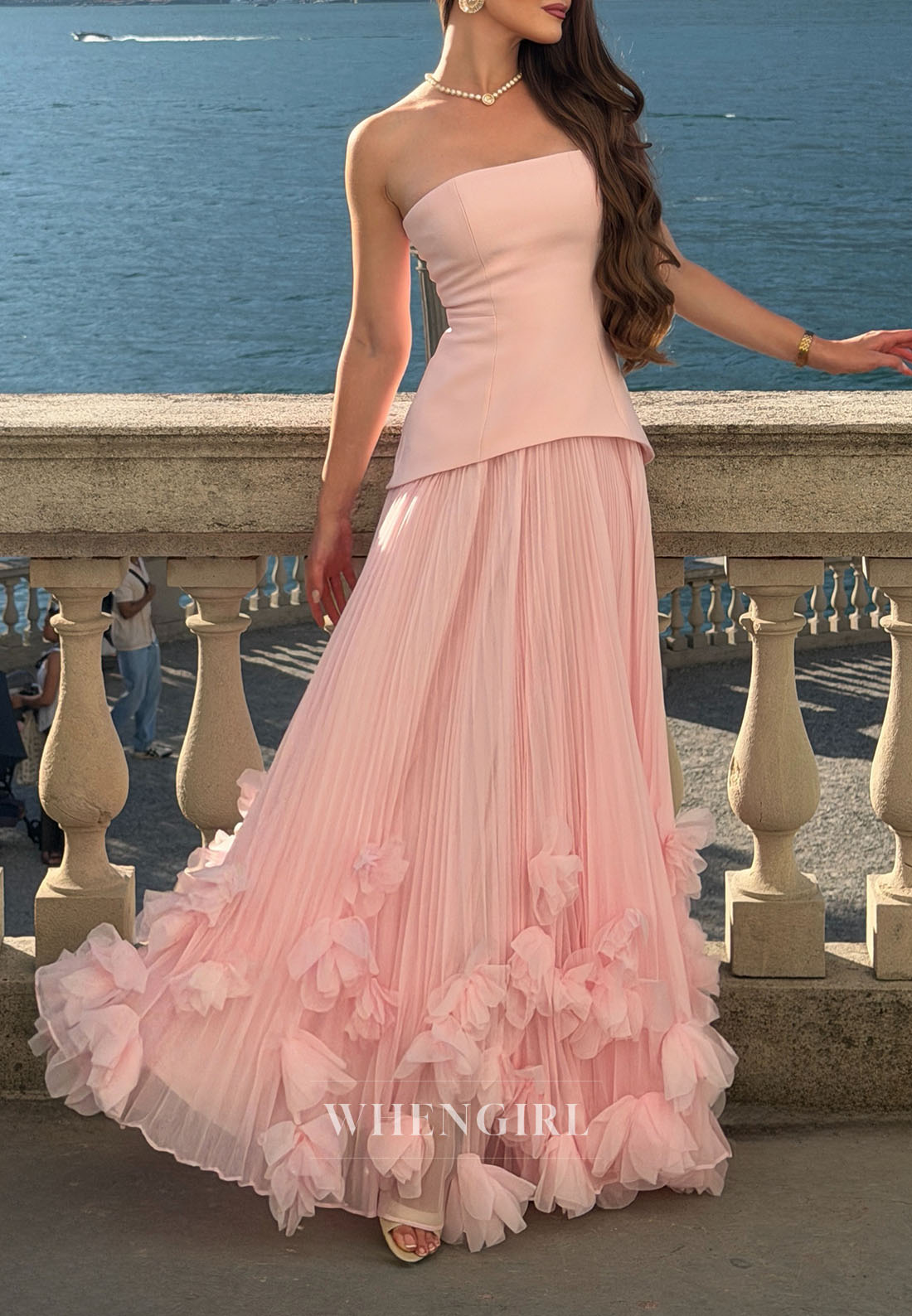 Strapless Pleated Gown with 3D Floral Appliques