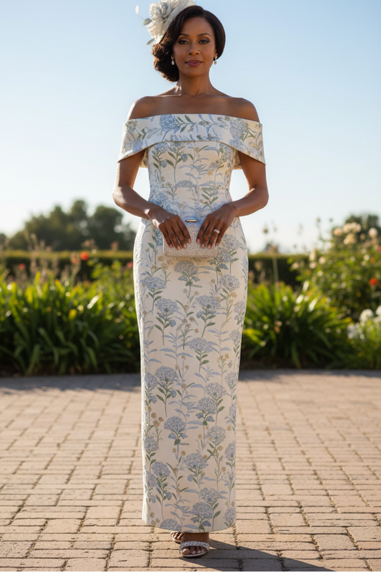 Off-Shoulder Floral Jacquard Column Dress