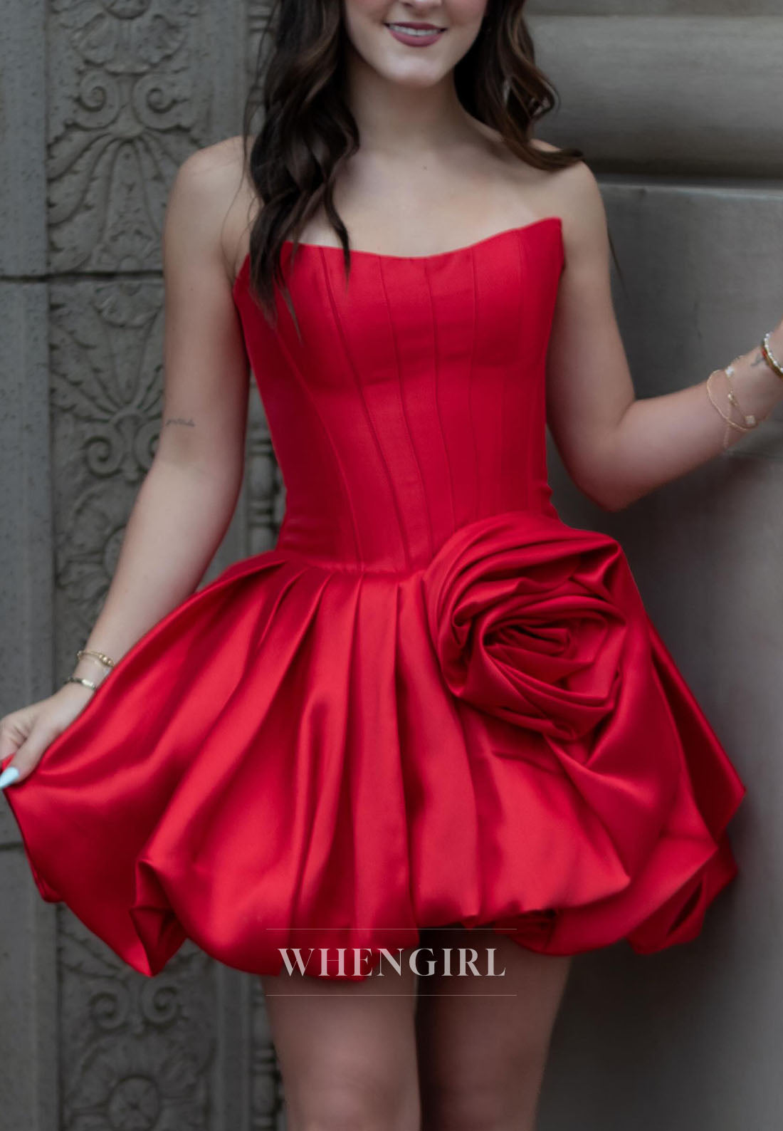 Strapless Corset Bubble Mini Dress with 3D Flower