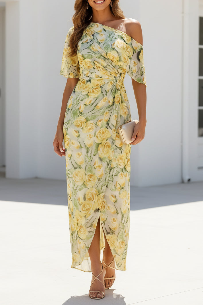 One-Shoulder Floral Asymmetrical Wrap Dress