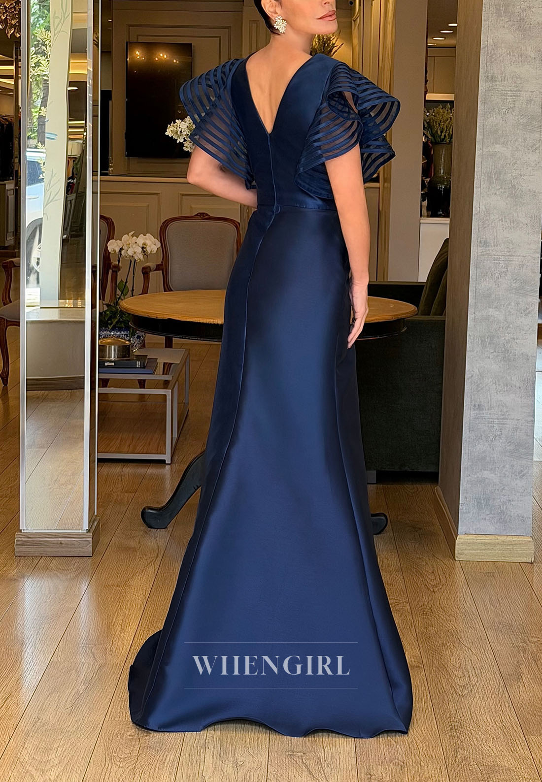 Flutter Sleeve V-Neck Gown with Cascading Ruffle
