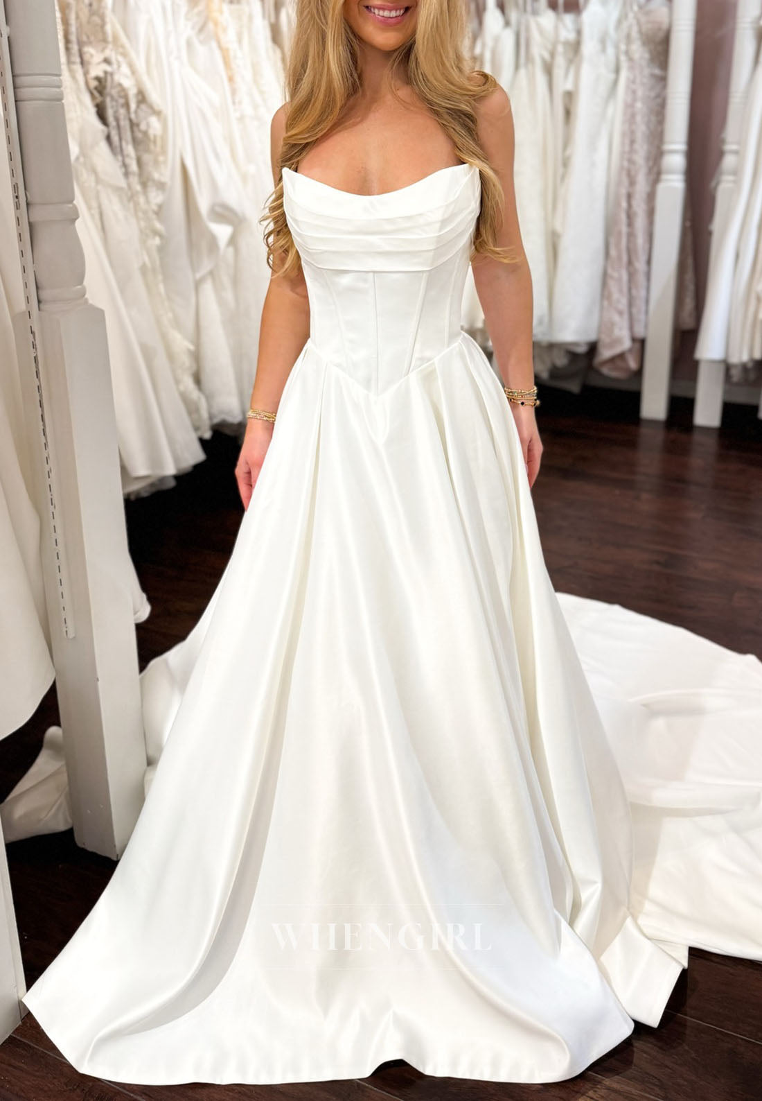 Strapless Cowl Neck Corset A-Line Wedding Dress