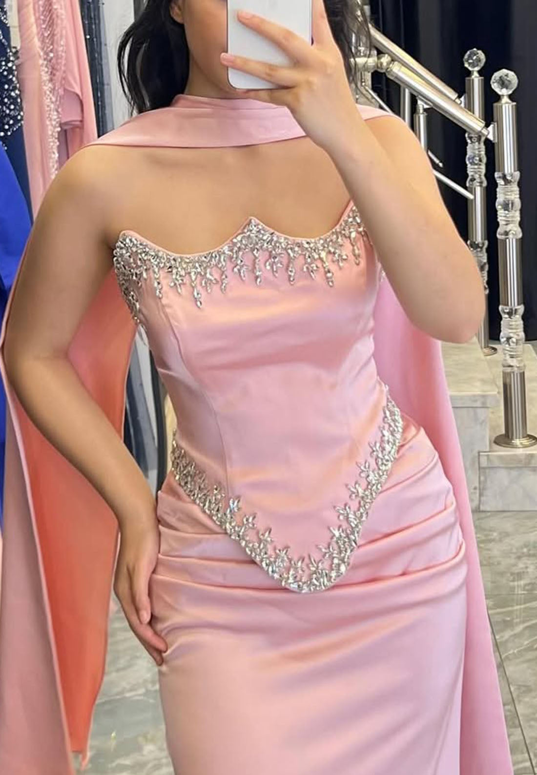 Embellished Basque Waist Satin Gown with Cape