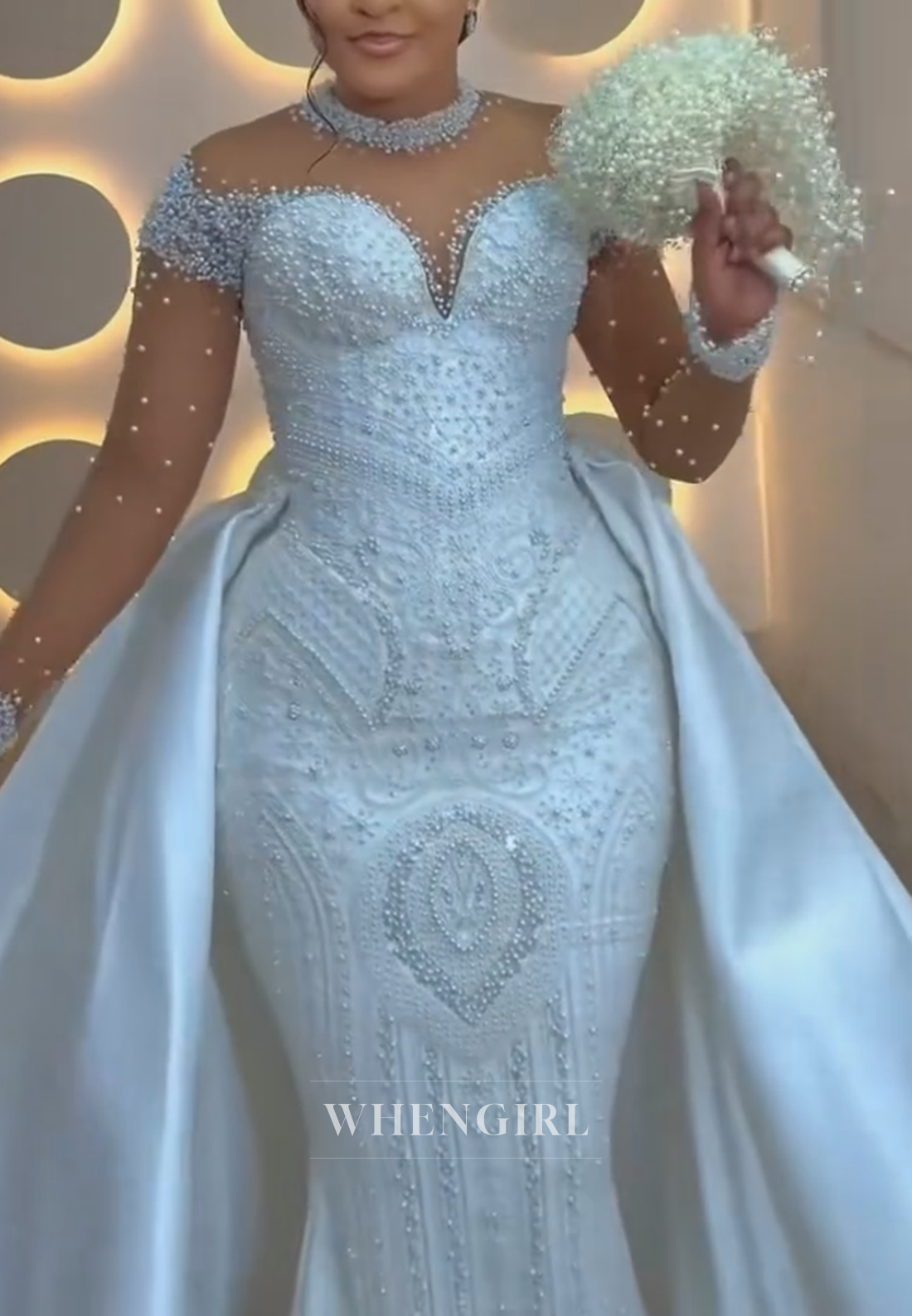 Pearl Beaded Mermaid Wedding Dress with Detachable Train