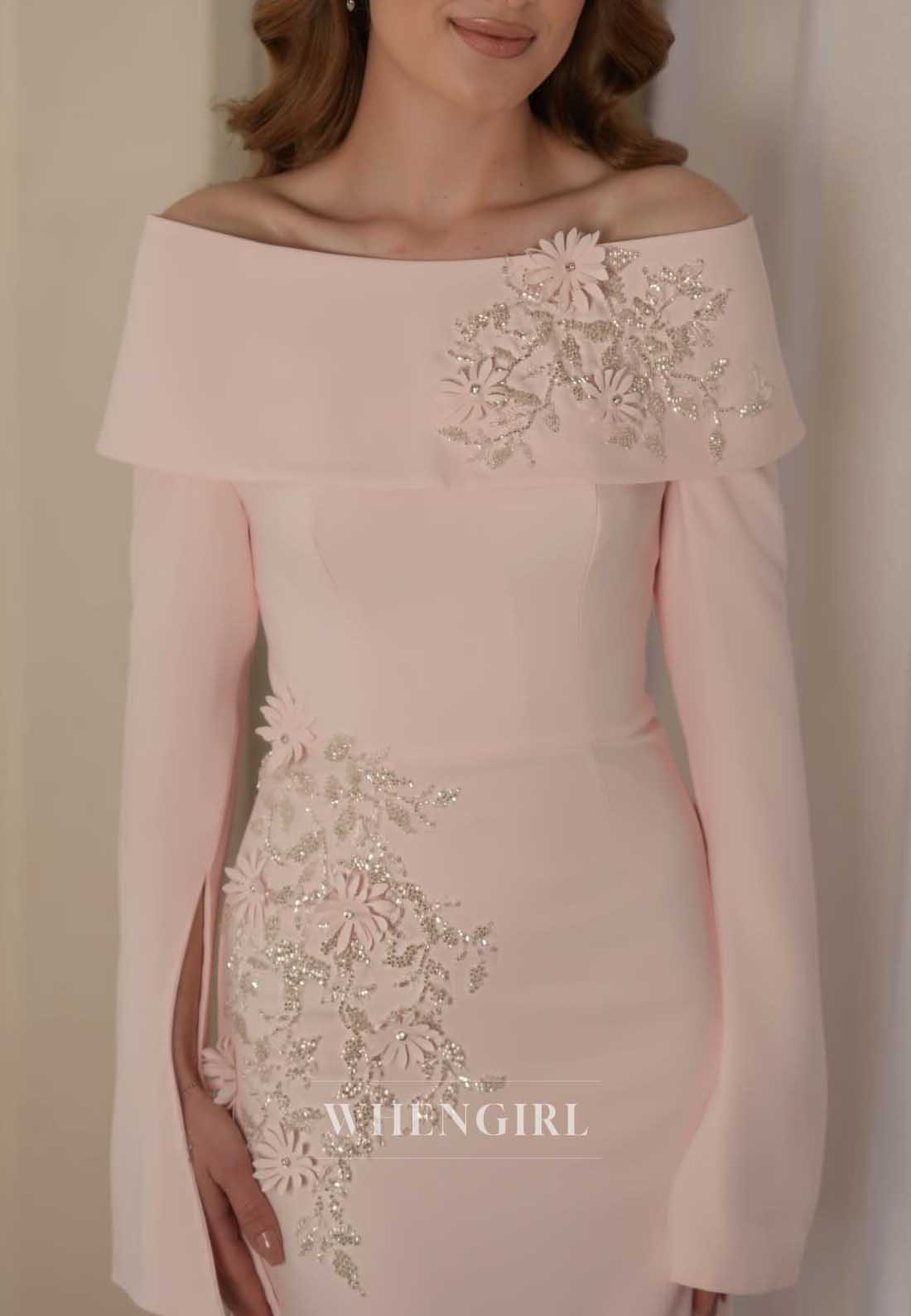 Off-the-Shoulder 3D Floral Long Sleeve Gown