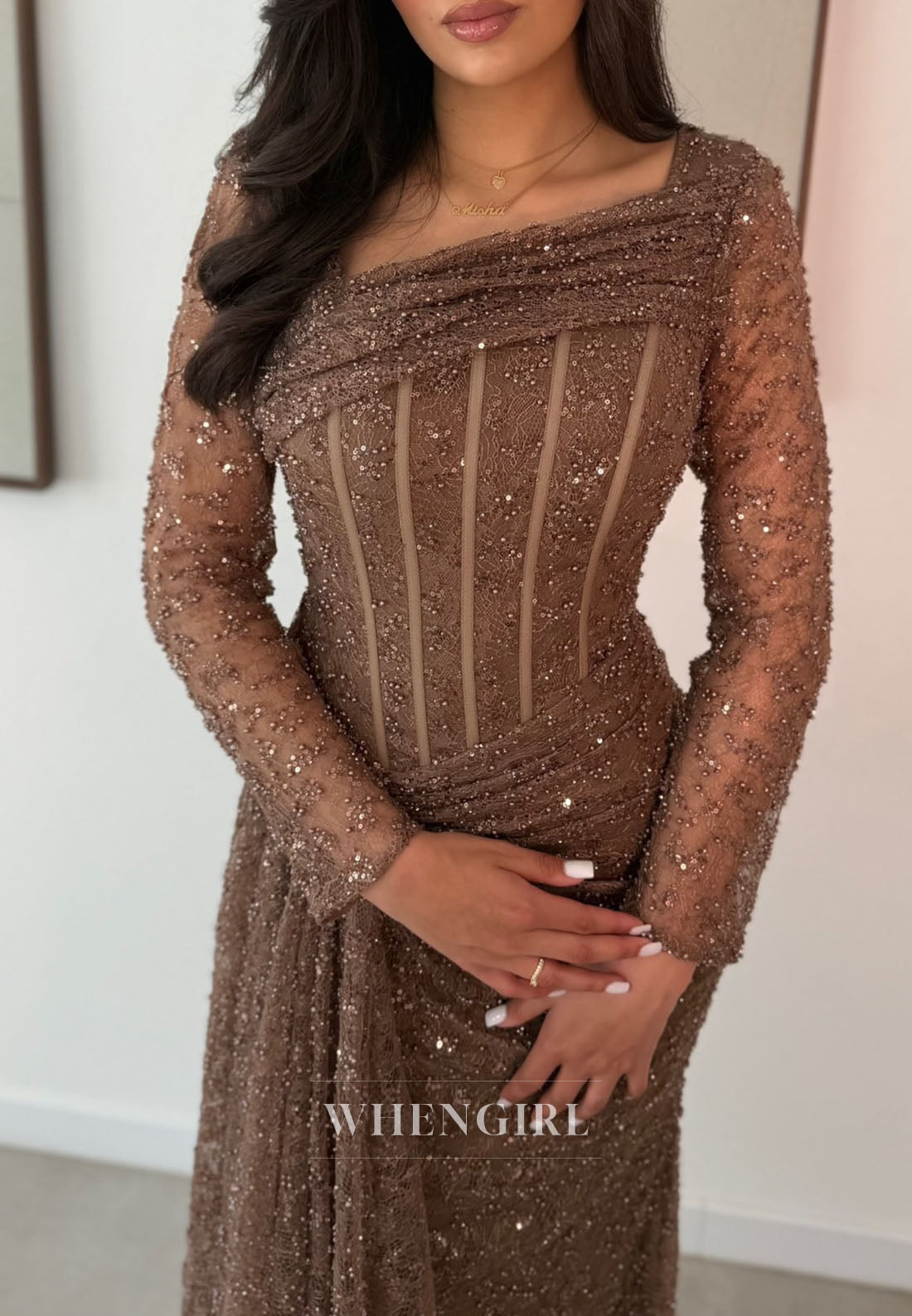 Asymmetrical Corset Beaded Long Sleeve Evening Gown