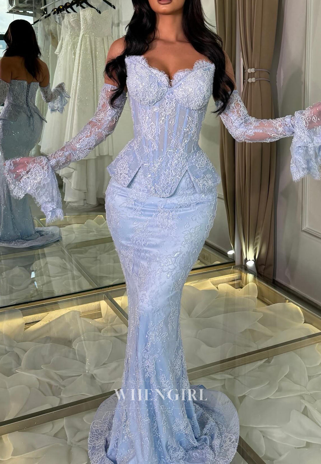 Off-the-Shoulder Lace Peplum Mermaid Evening Gown