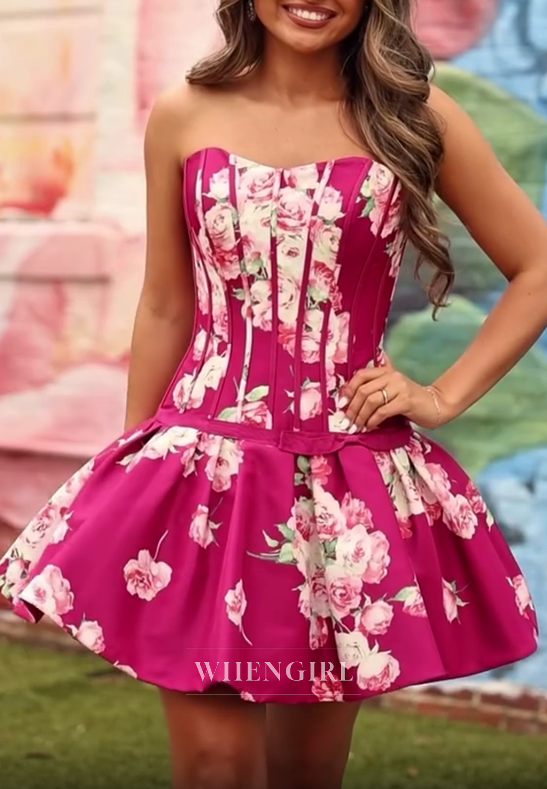 Strapless Corset Floral Bubble Skirt Mini Dress