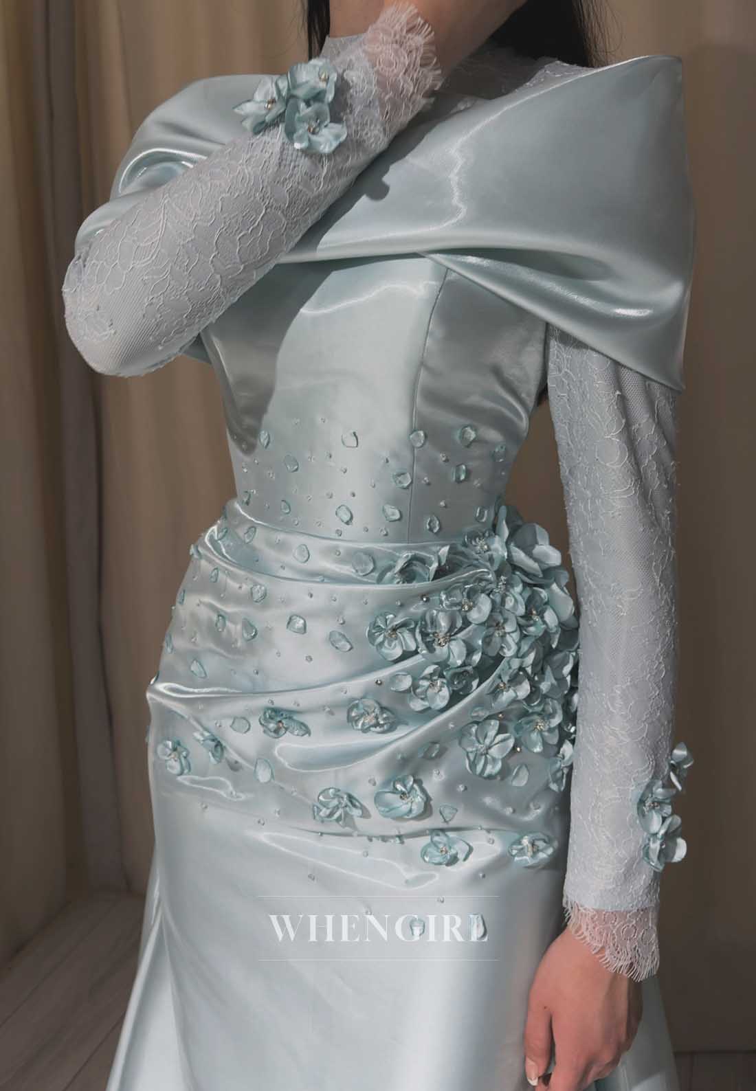 Long Sleeve Satin Formal Gown with 3D Flowers