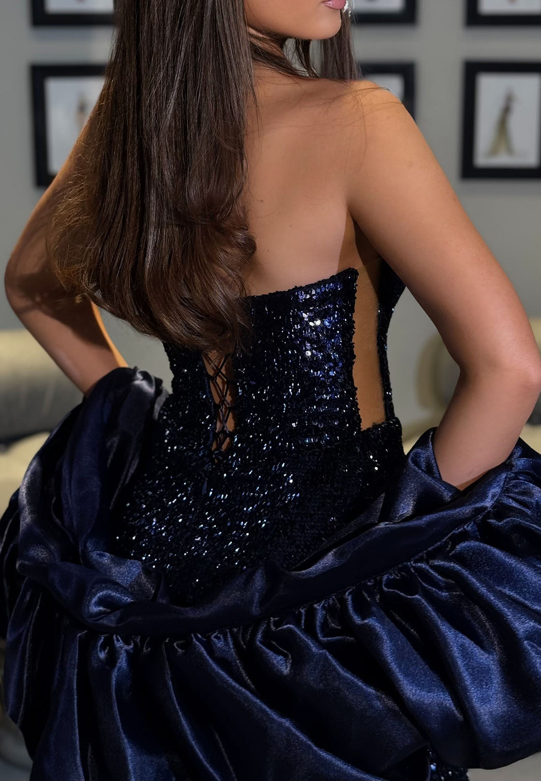 Strapless Sequin Evening Gown with Voluminous Sleeves