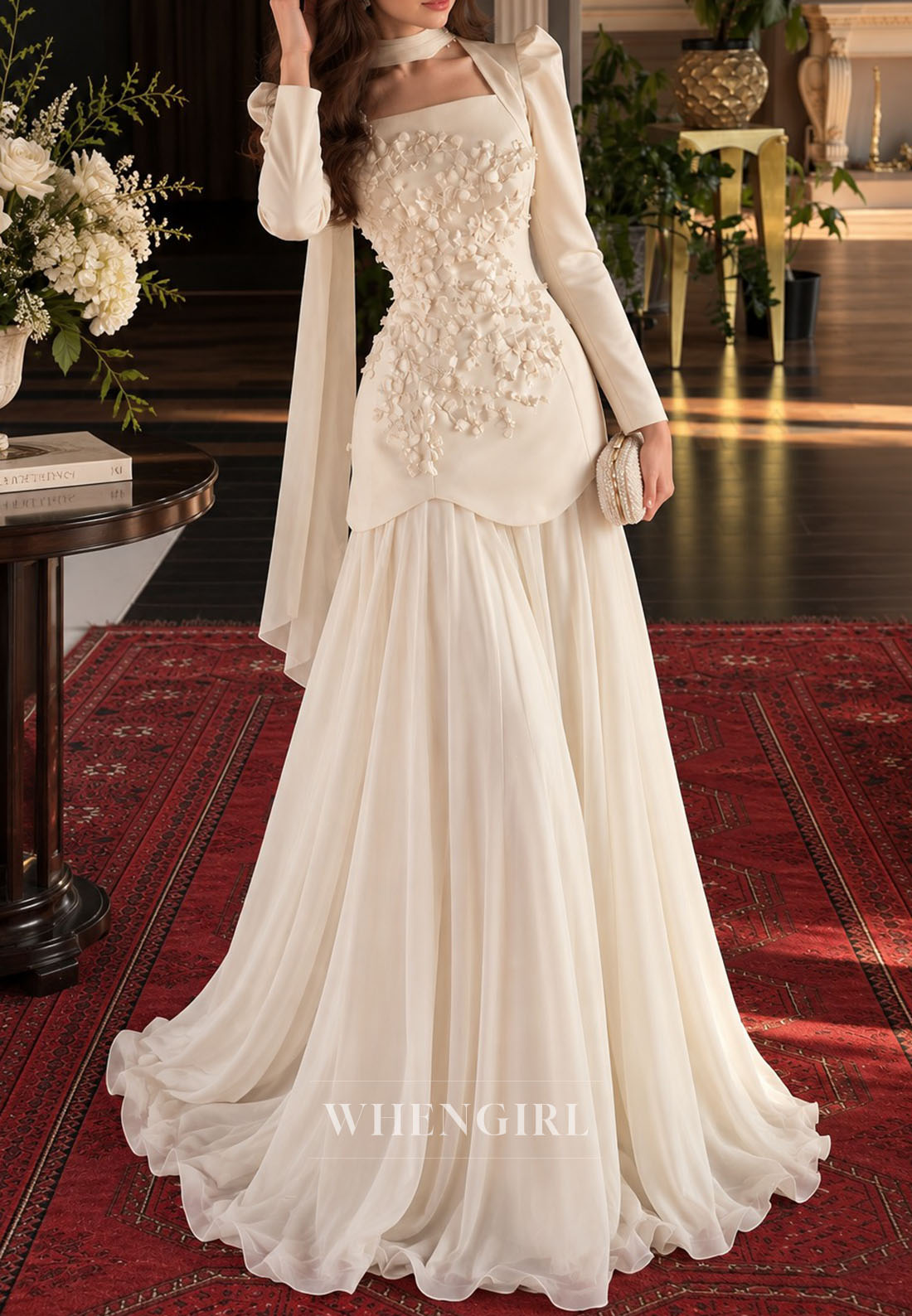 Floral Applique Peplum Gown with Chiffon Skirt
