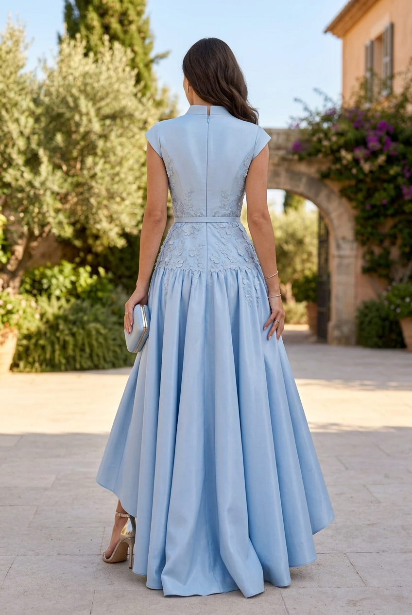 High-Low Satin Evening Dress with Belt