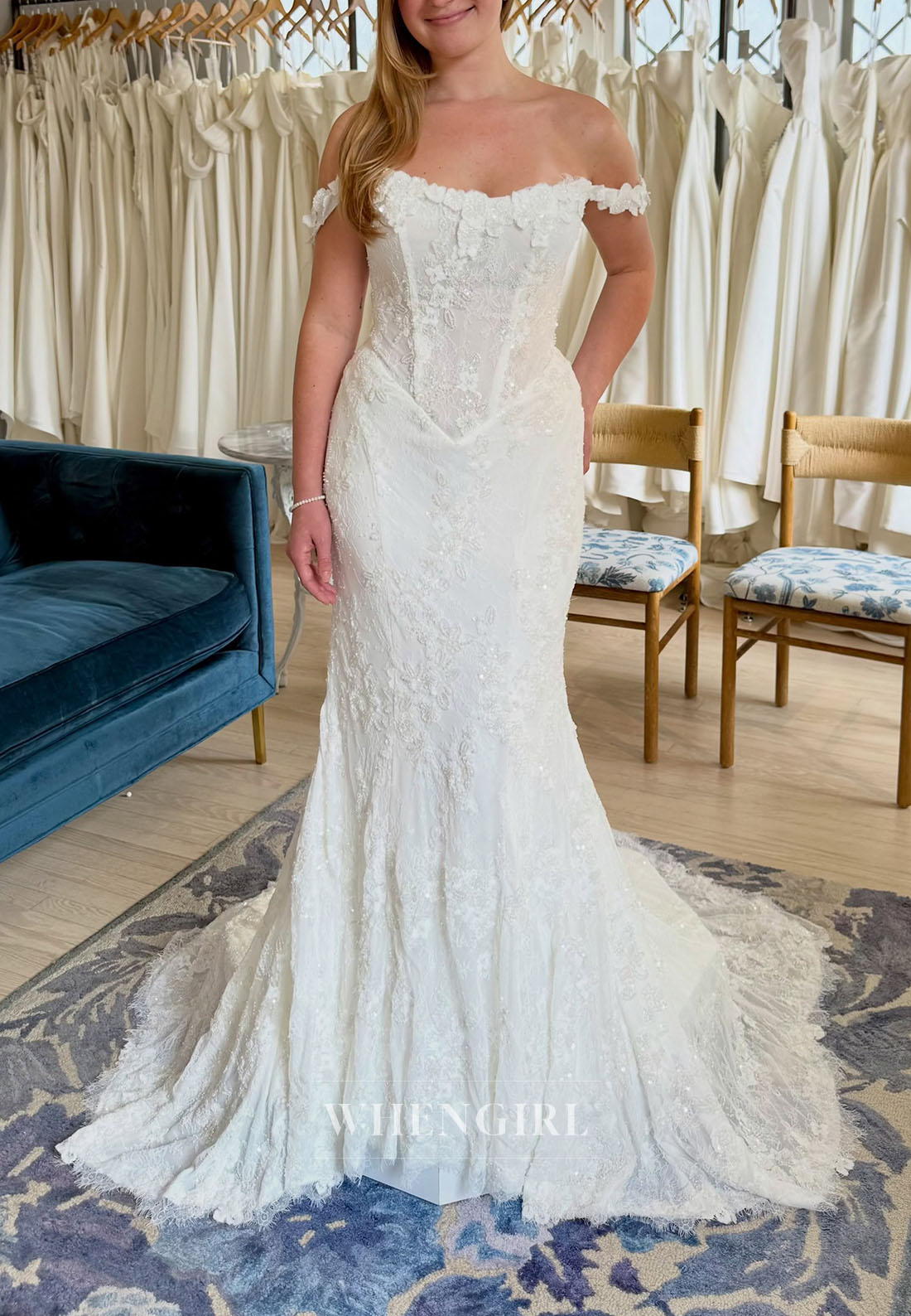 Lace Off-the-Shoulder Basq-Waist Mermaid Gown