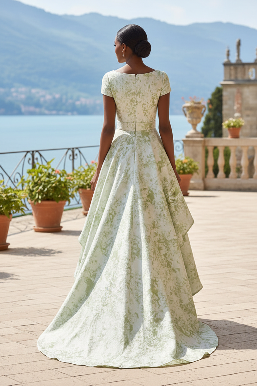 Short Sleeve High-Low A-Line Evening Gown