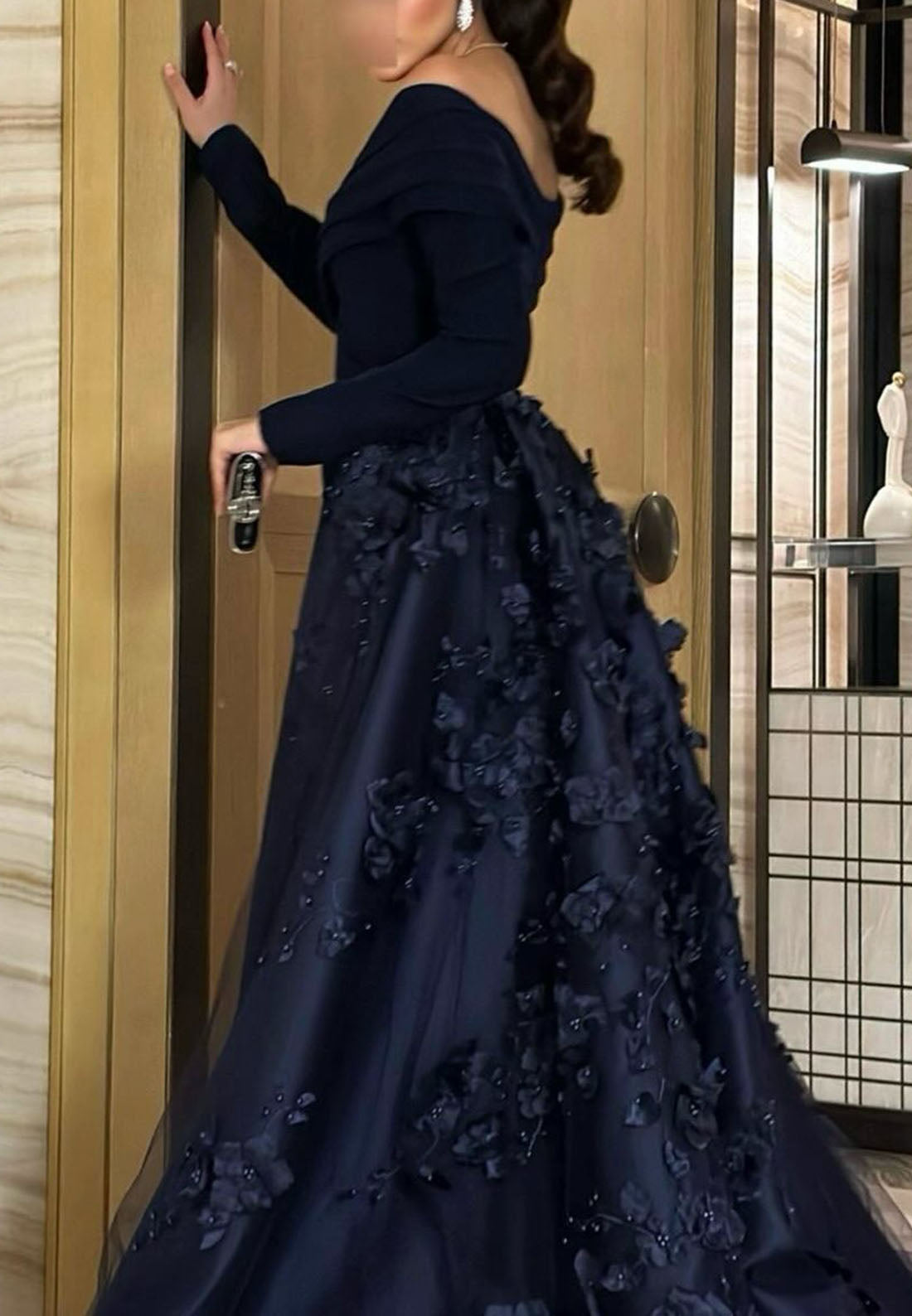 Off-Shoulder Long Sleeve Gown with 3D Florals