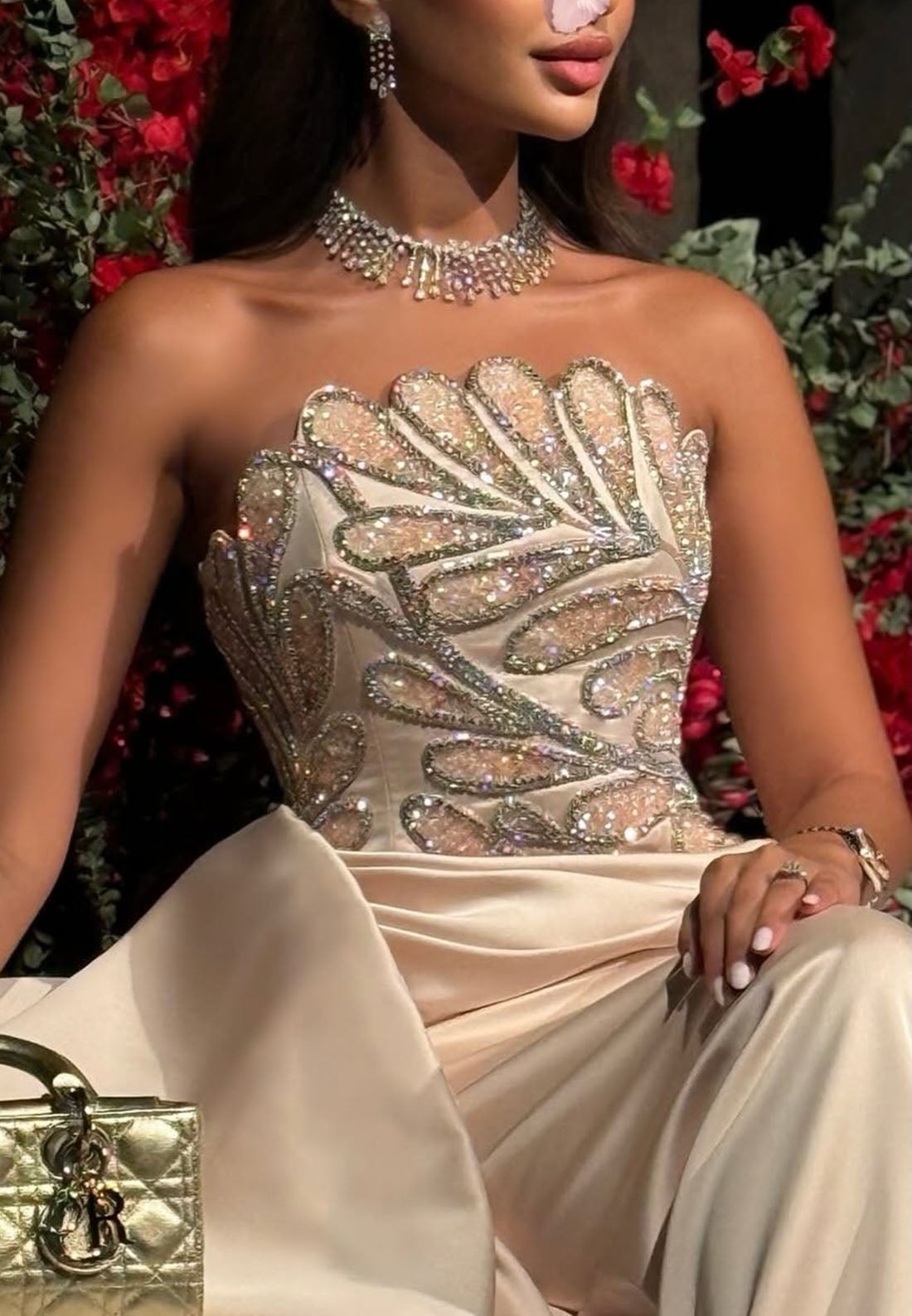 Strapless Embellished Gown with Side Draping
