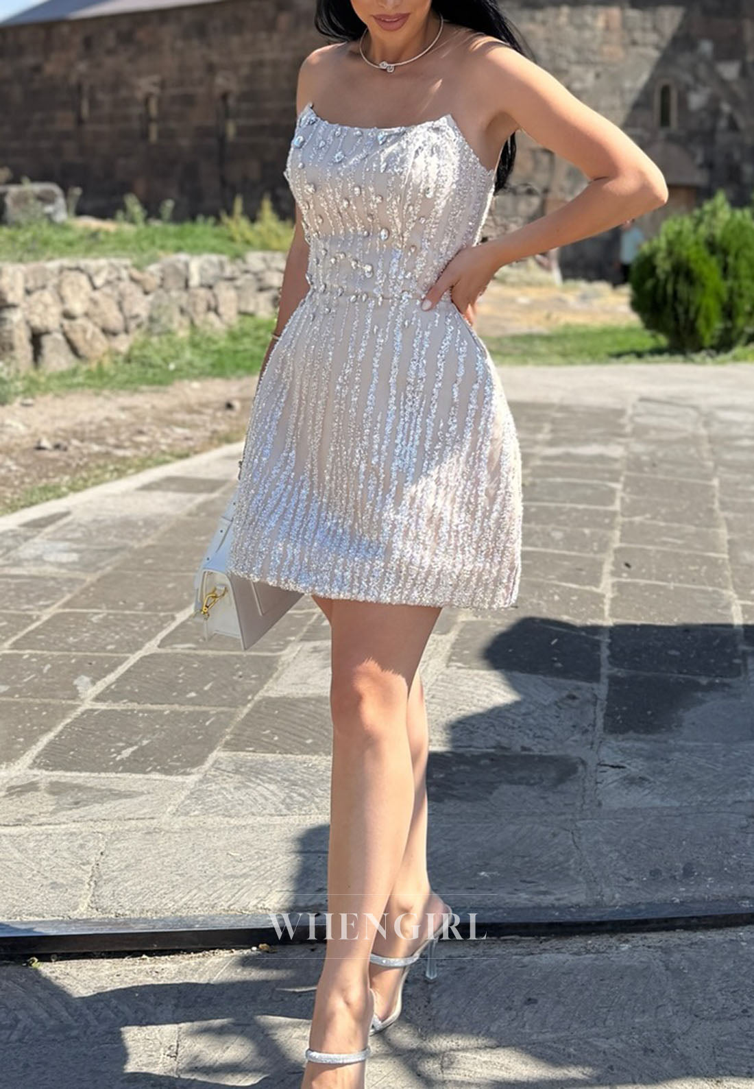 Strapless Crystal Embellished Sequined Mini Dress