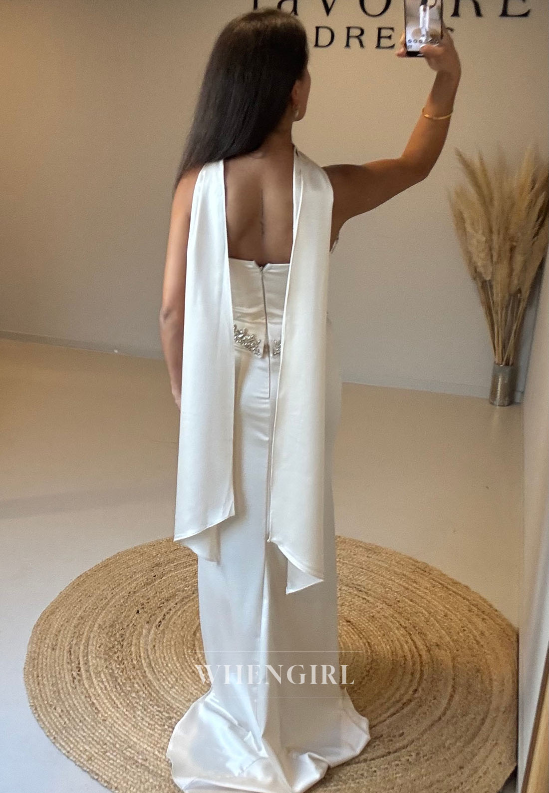 Strapless Satin Column Gown with Crystal Trim