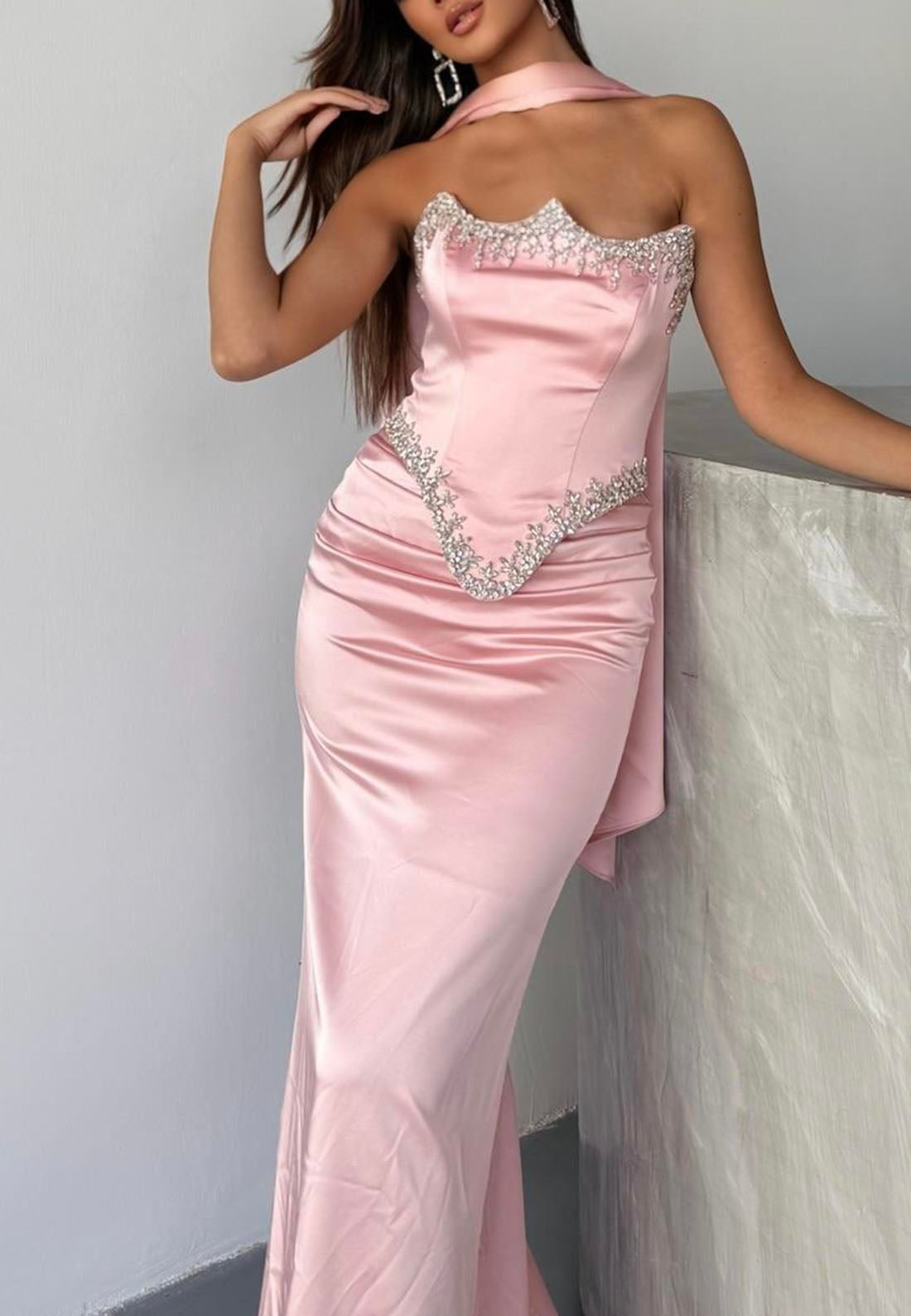 Beaded Basq Satin Gown with Neck Scarf