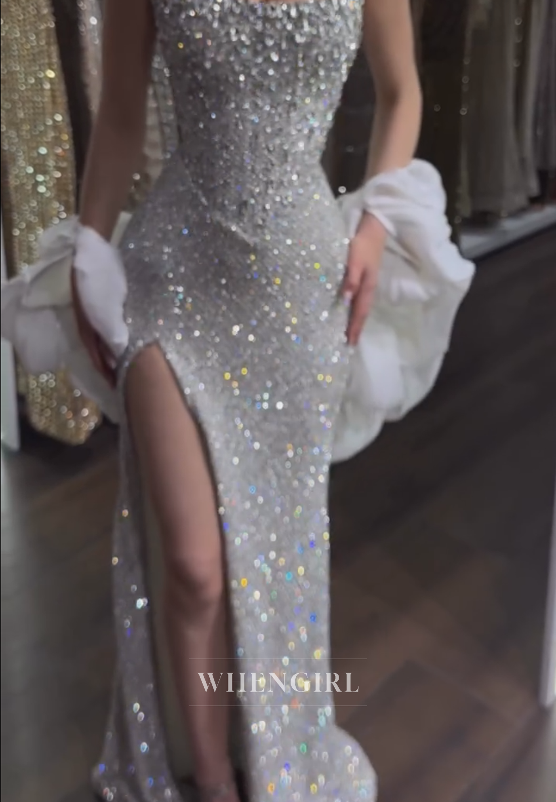 Embellished Slit Evening Gown with Ruffle Sleeves