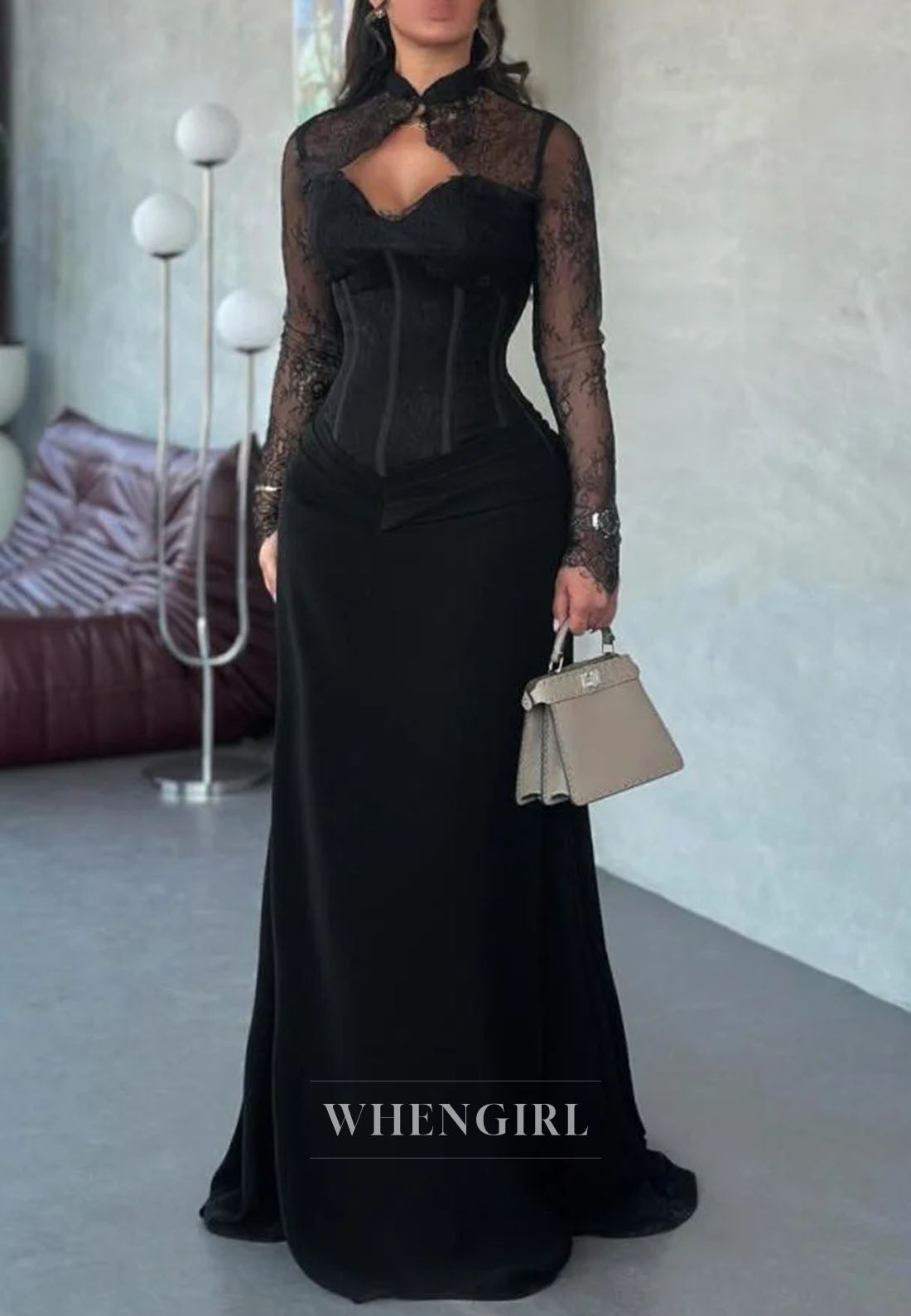Corset Lace Long Sleeve Floor-Length Evening Gown