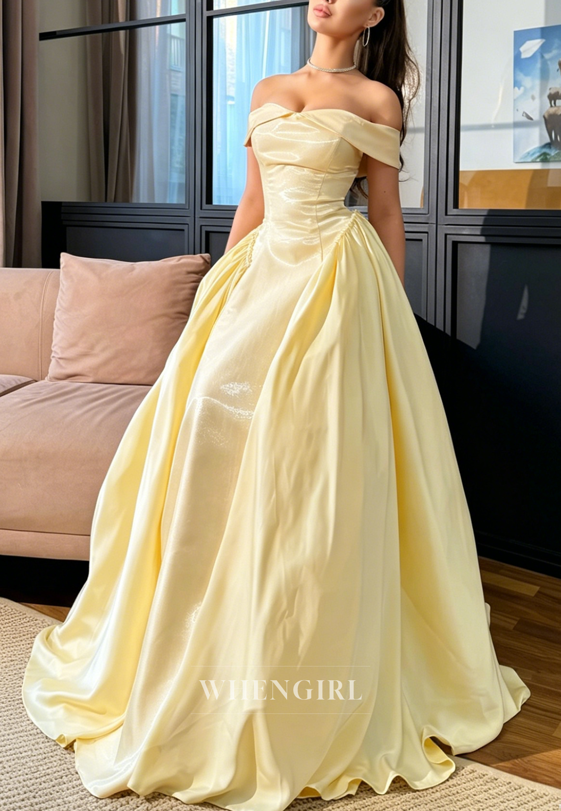 Off Shoulder A-Line Satin Ball Gown with Pockets