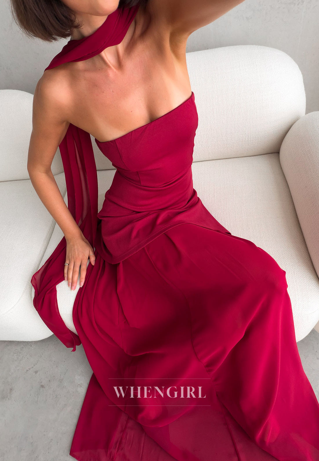 Strapless Asymmetric Overlay Gown with Scarf