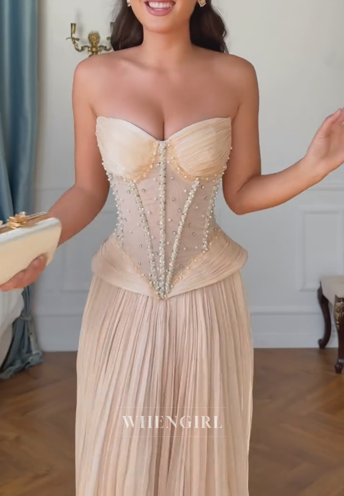 Strapless Beaded Corset Pleated Maxi Dress