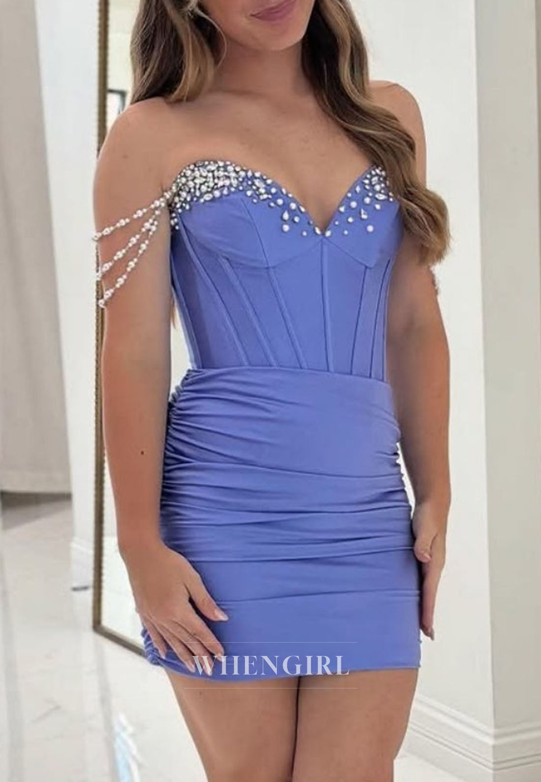 Beaded Corset Ruched Mini Dress with Pearl Straps