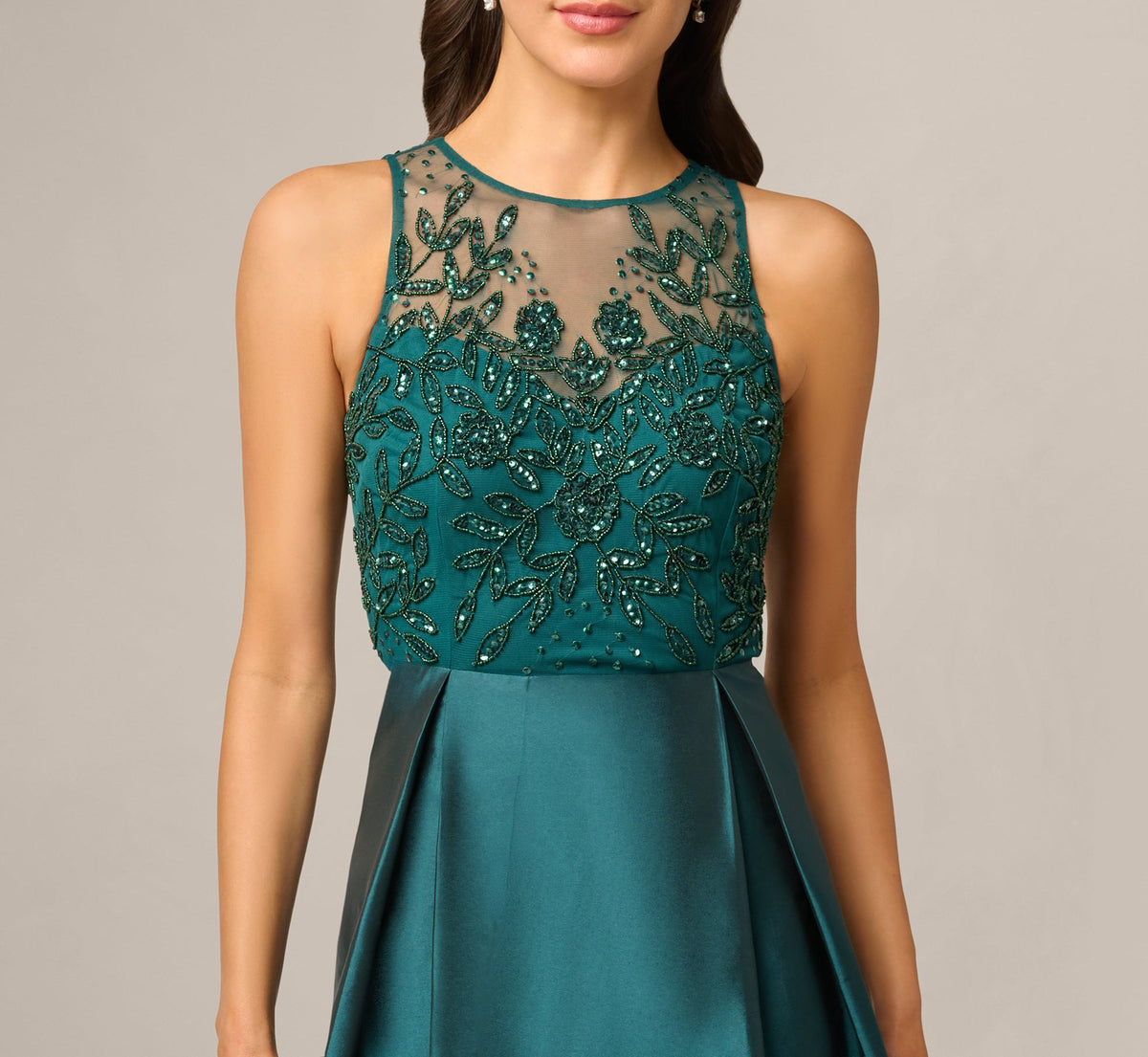 Embellished Illusion Bodice Pleated Evening Gown