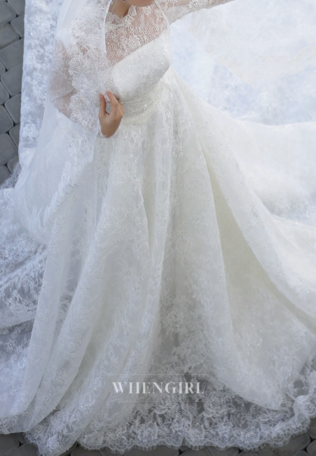 High Neck Lace Long Sleeve Ball Gown Wedding Dress