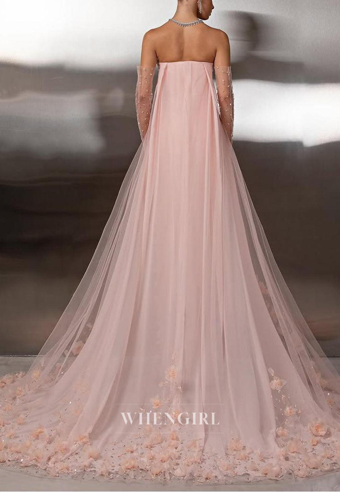 Strapless Column Gown with Floral Appliqués and Cape Train
