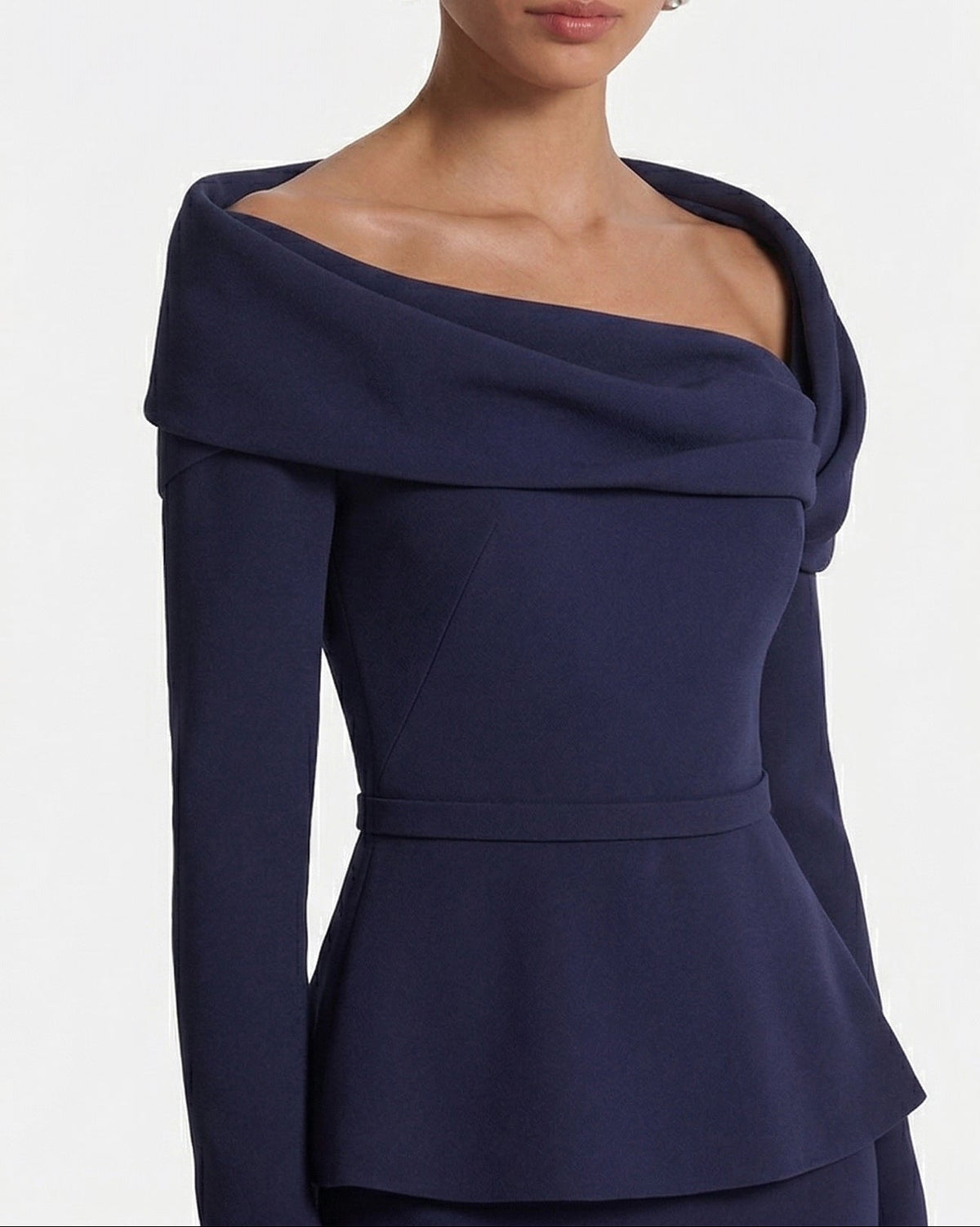 Foldover Asymmetric Peplum Gown with Long Sleeves