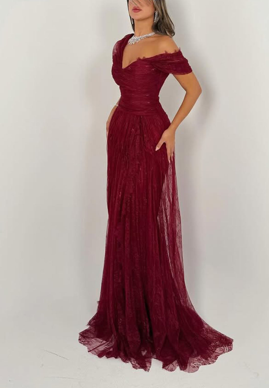 Ruched Off-the-Shoulder Lace Evening Gown with Train