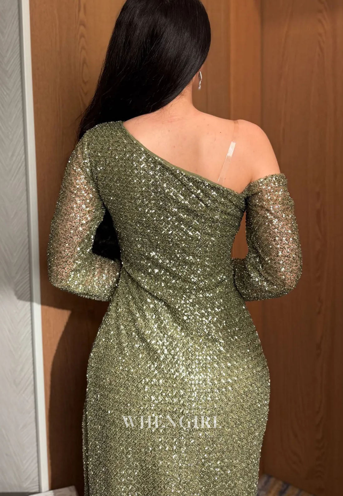 One-Shoulder Sequin Column Evening Gown