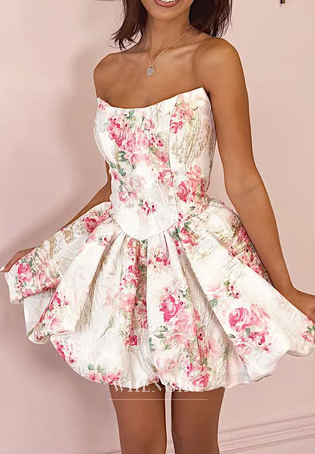 Strapless Floral Jacquard Mini Bubble Dress