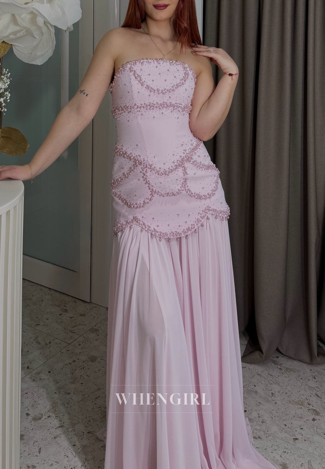 Strapless Pearl-Beaded Chiffon Gown with Jacket