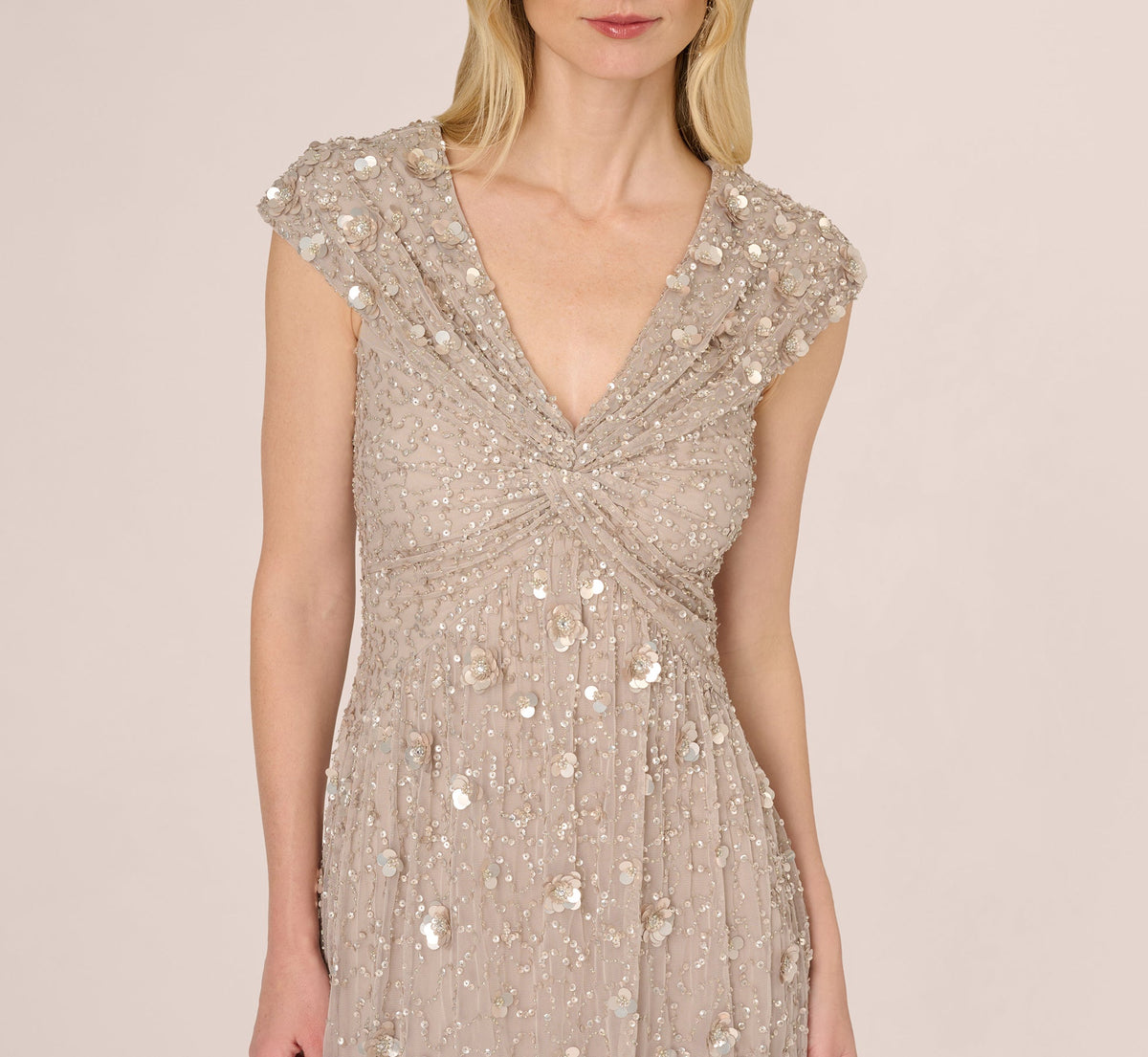 Beaded Floral Applique V-Neck Cap Sleeve Gown